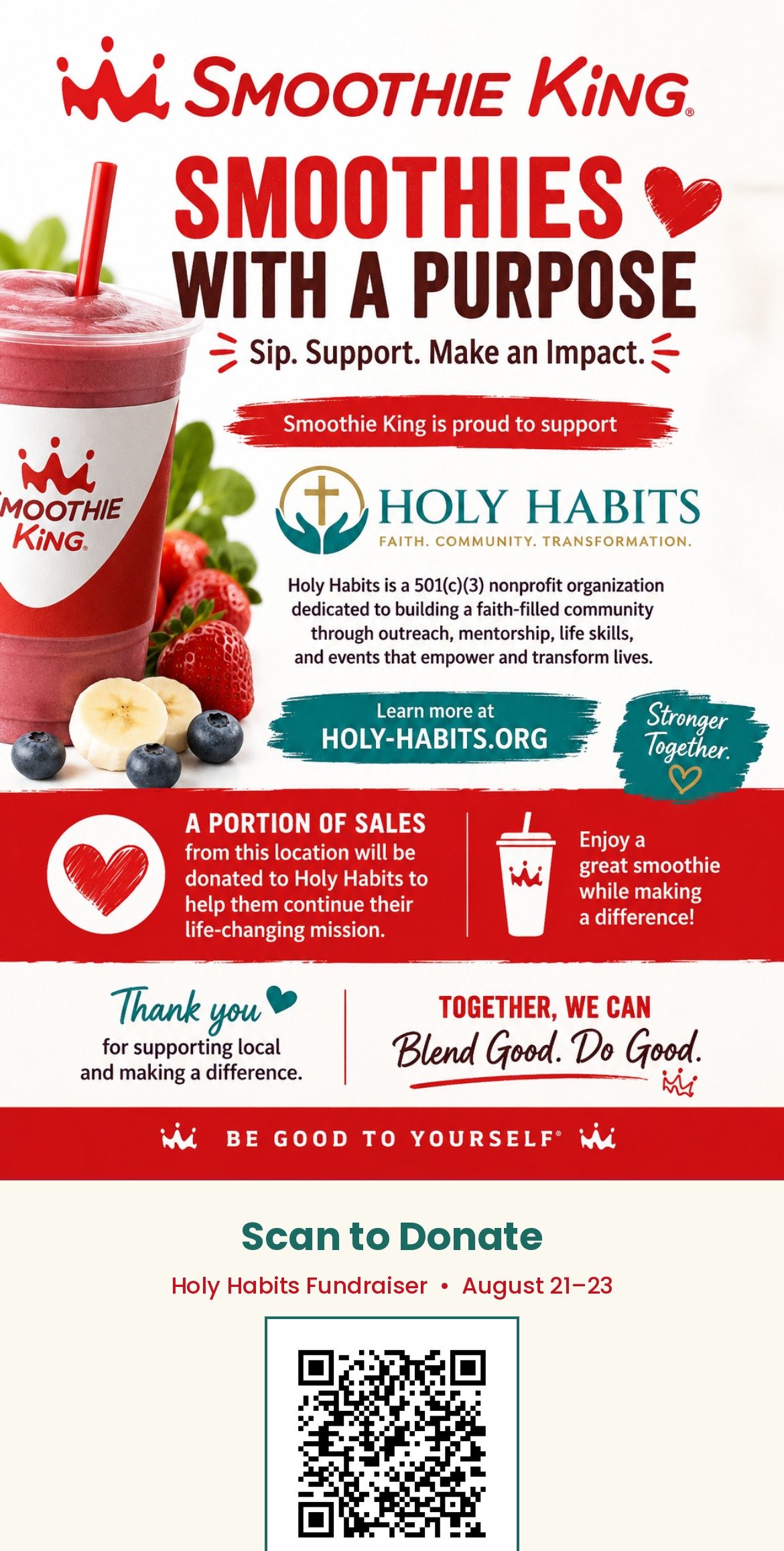 Smoothie King and Holy Habits community fundraiser flyer, August 21-23